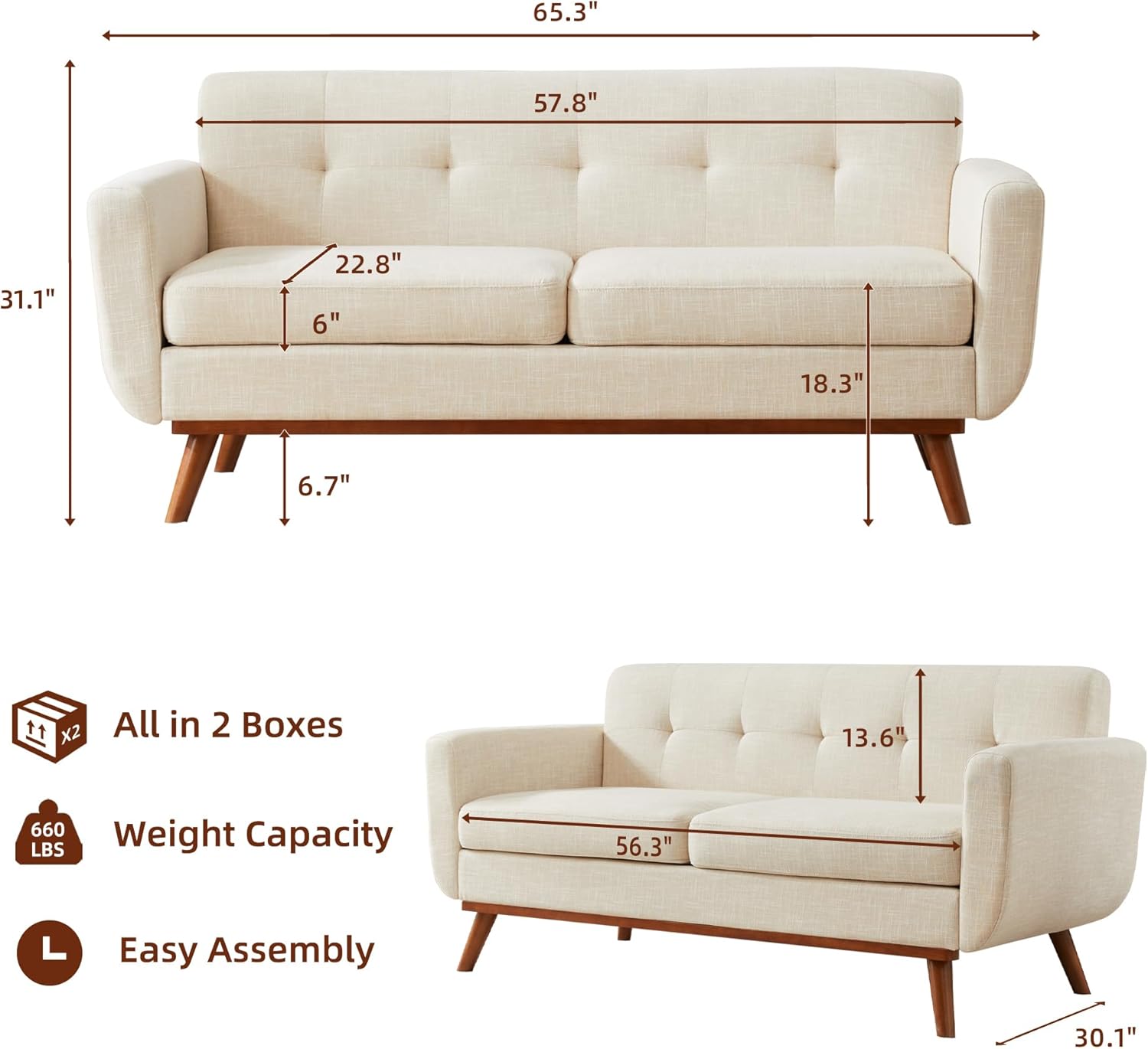 Kingfun 65.3" W Loveseat Sofa, Mid Century Modern Decor Love Seat Couches for Living Room, Button Tufted Upholstered Furniture, Solid & Easy to Install Small Couch for Bedroom Office Apartment, Beige - Grand Goldman