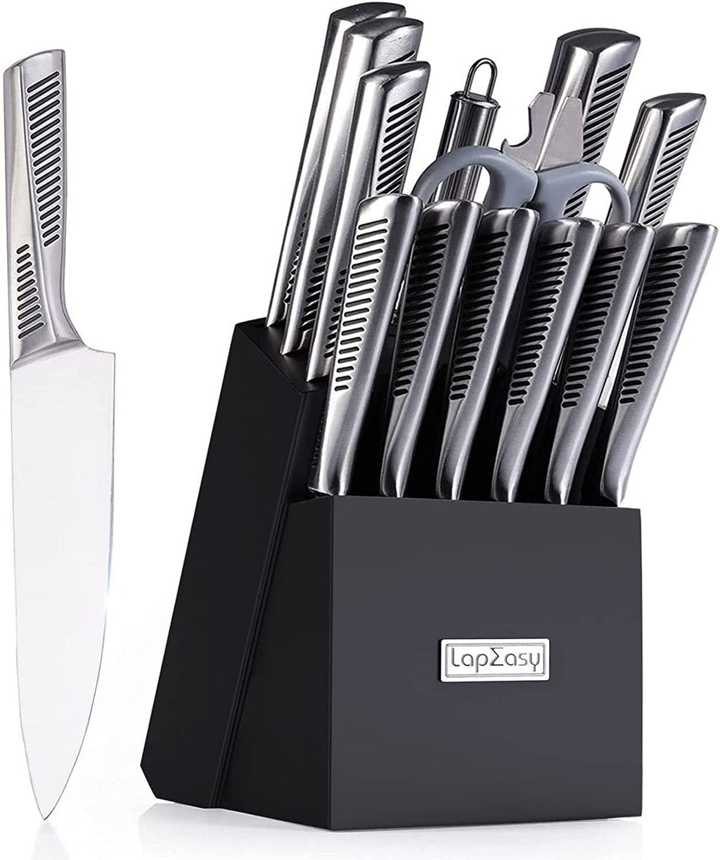 Kitchen Knife Set. LapEasy 15 Piece Knife Sets With Block Chef Knife Stainless Steel Hollow Handle Cutlery With Manual Sharpener - Grand Goldman