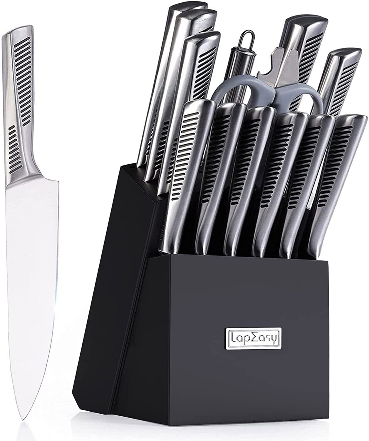 Kitchen Knife Set. LapEasy 15 Piece Knife Sets With Block Chef Knife Stainless Steel Hollow Handle Cutlery With Manual Sharpener - Grand Goldman