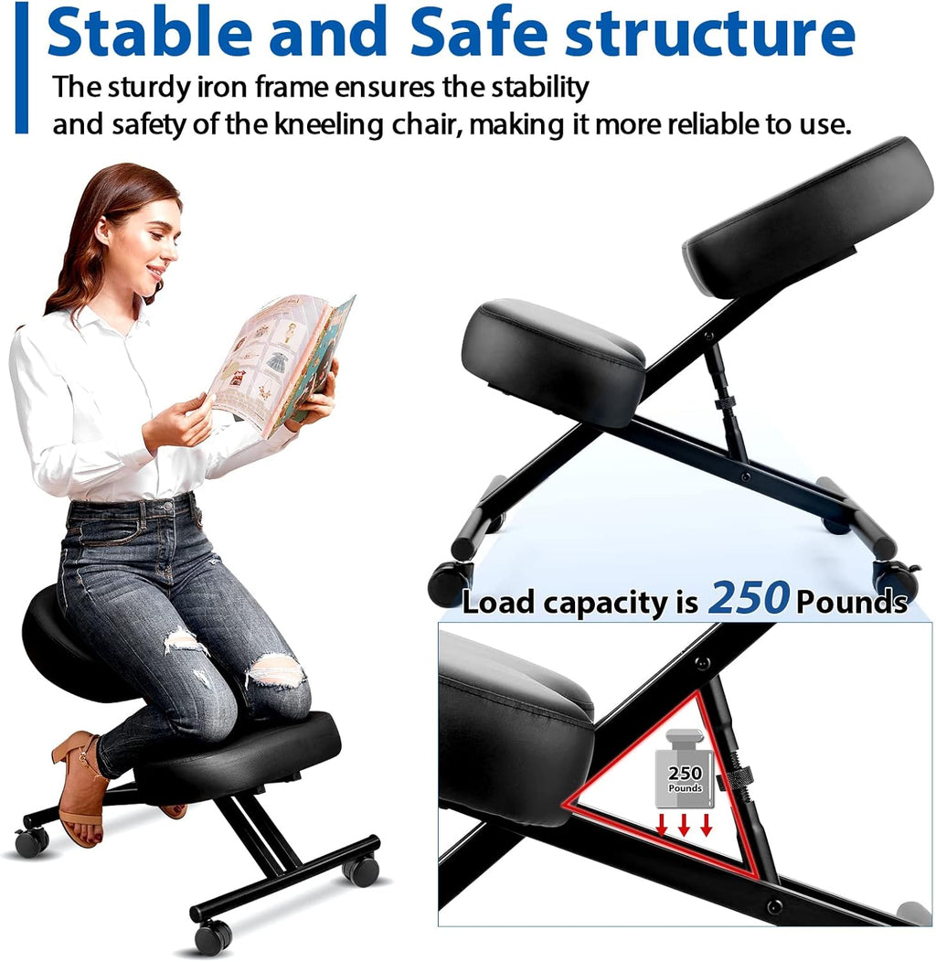 Kneeling Chair Ergonomic for Office, Adjustable Stool for Home and Office - Improve Your Posture with an Angled Seat - Thick Moulded Foam Cushions - Brake and Smooth Gliding Casters - Grand Goldman