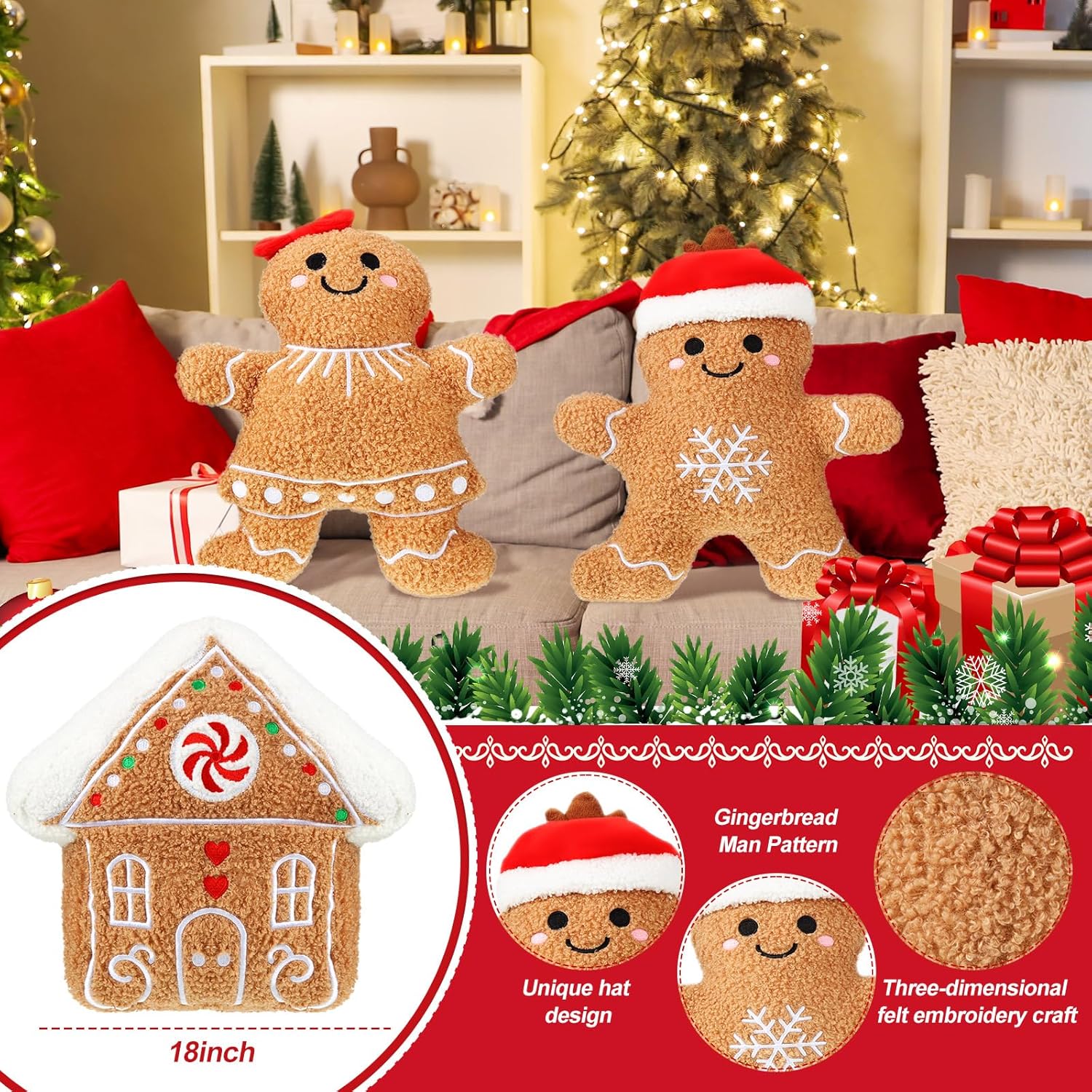Konohan 3 Pcs Christmas Gingerbread Pillows Gingerbread House Gingerbread Man Throw Pillows Stuffed Gingerbread Shaped Pillow for Christmas Party Outdoor Cushion Decorations (Lovely Style) - Grand Goldman
