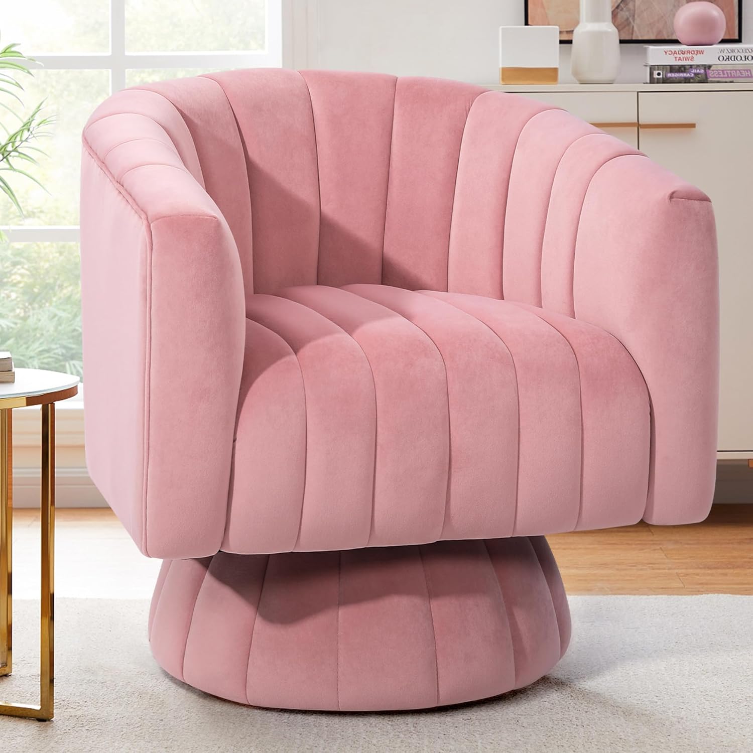 Kromax Swivel Accent Chair with Armrest, Mid Century 360 Degree Swivel Barrel Chair Overstuffed Tufted Velvet, Ideal for Living Room, Bedroom, Reading Room, Beige - Grand Goldman