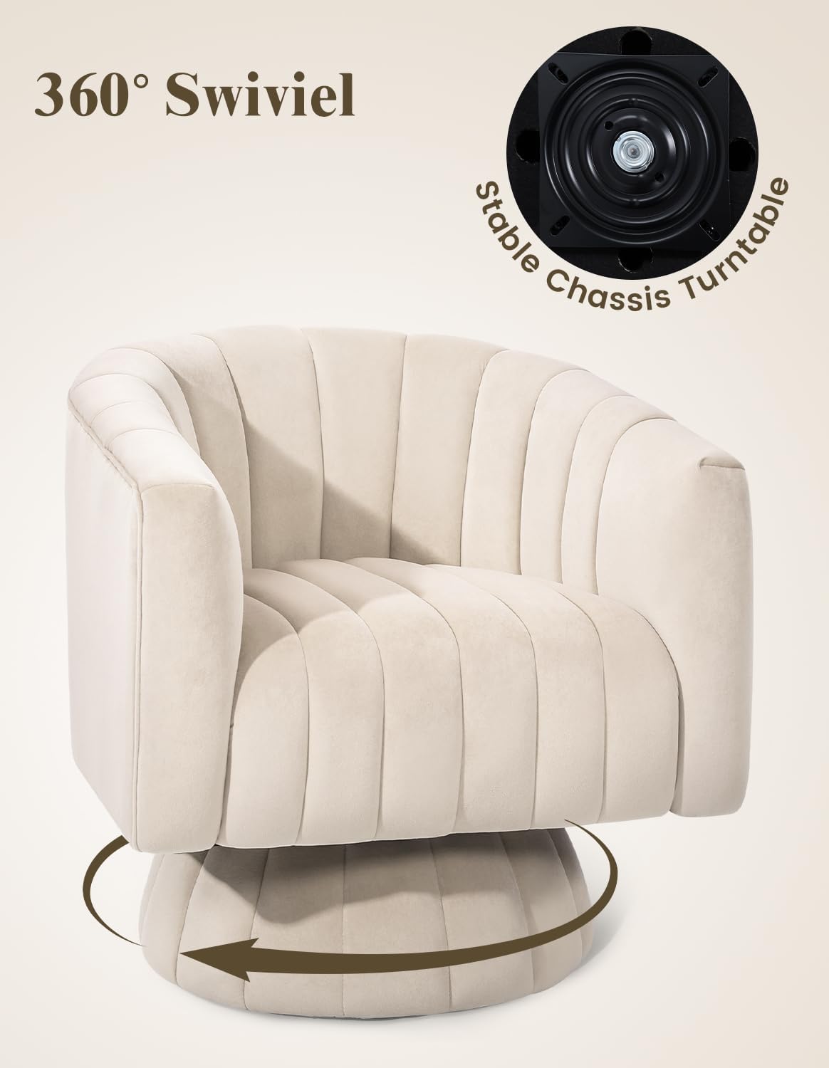 Kromax Swivel Accent Chair with Armrest, Mid Century 360 Degree Swivel Barrel Chair Overstuffed Tufted Velvet, Ideal for Living Room, Bedroom, Reading Room, Beige - Grand Goldman