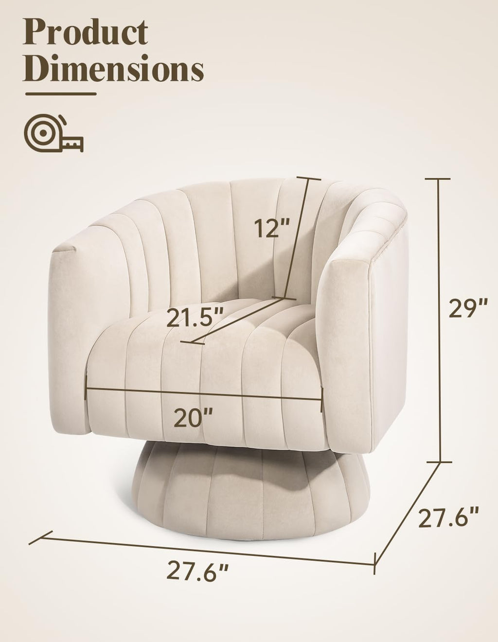 Kromax Swivel Accent Chair with Armrest, Mid Century 360 Degree Swivel Barrel Chair Overstuffed Tufted Velvet, Ideal for Living Room, Bedroom, Reading Room, Beige - Grand Goldman