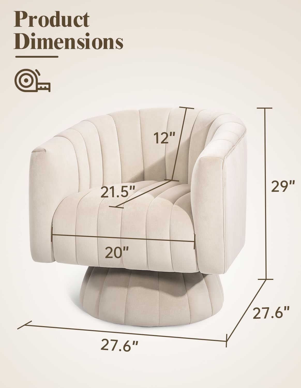 Kromax Swivel Accent Chair with Armrest, Mid Century 360 Degree Swivel Barrel Chair Overstuffed Tufted Velvet, Ideal for Living Room, Bedroom, Reading Room, Beige - Grand Goldman