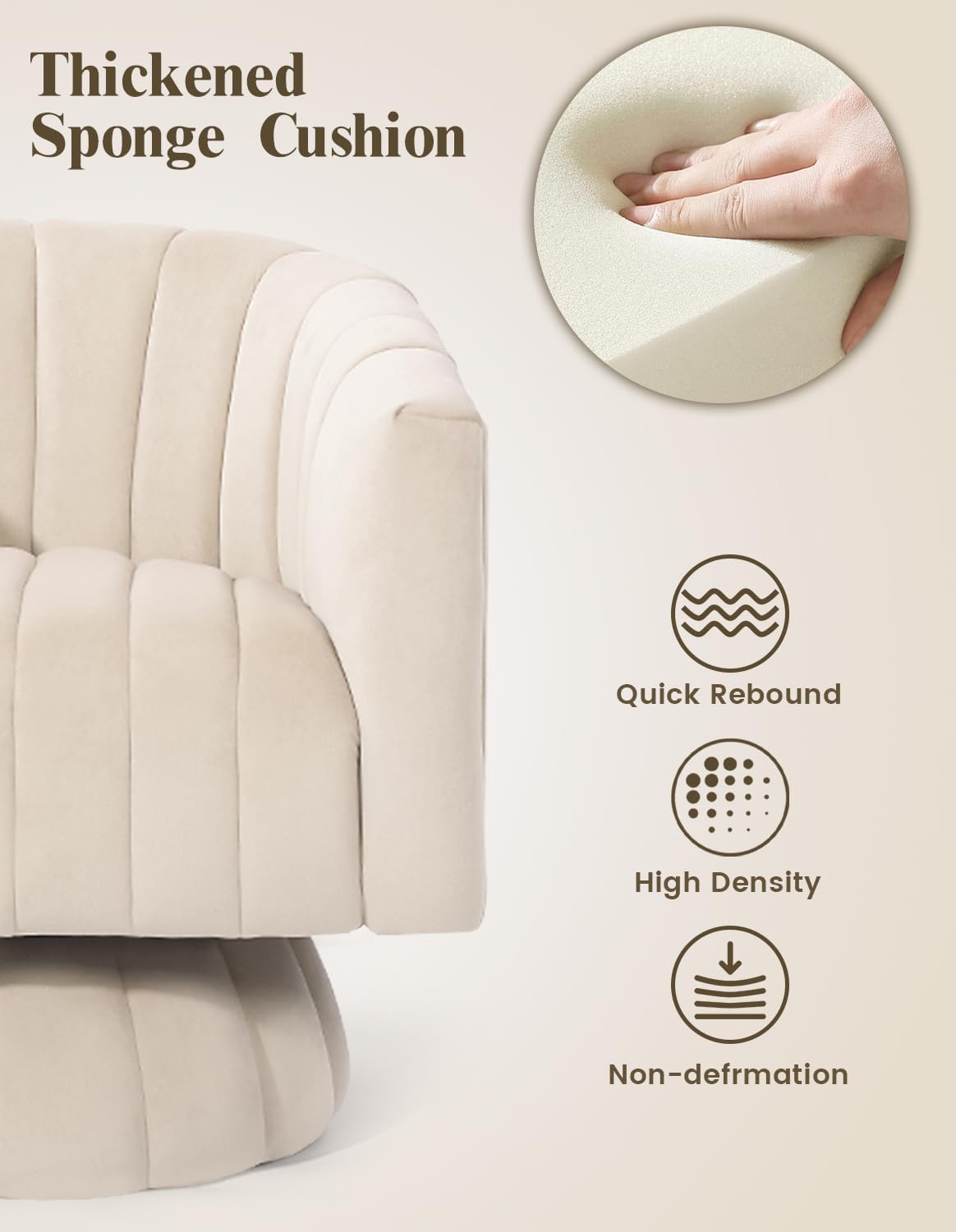 Kromax Swivel Accent Chair with Armrest, Mid Century 360 Degree Swivel Barrel Chair Overstuffed Tufted Velvet, Ideal for Living Room, Bedroom, Reading Room, Beige - Grand Goldman
