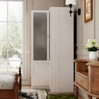 L-Shape Wardrobe Armoire Closet with Hanging Rod & Shelf, Bedroom Armoire with Frosted Glass Doors, Clothes Wardrobe with Gold Knobs, Wood Grain, 35.4”D x 35.4”W x 70.9”H - Grand Goldman