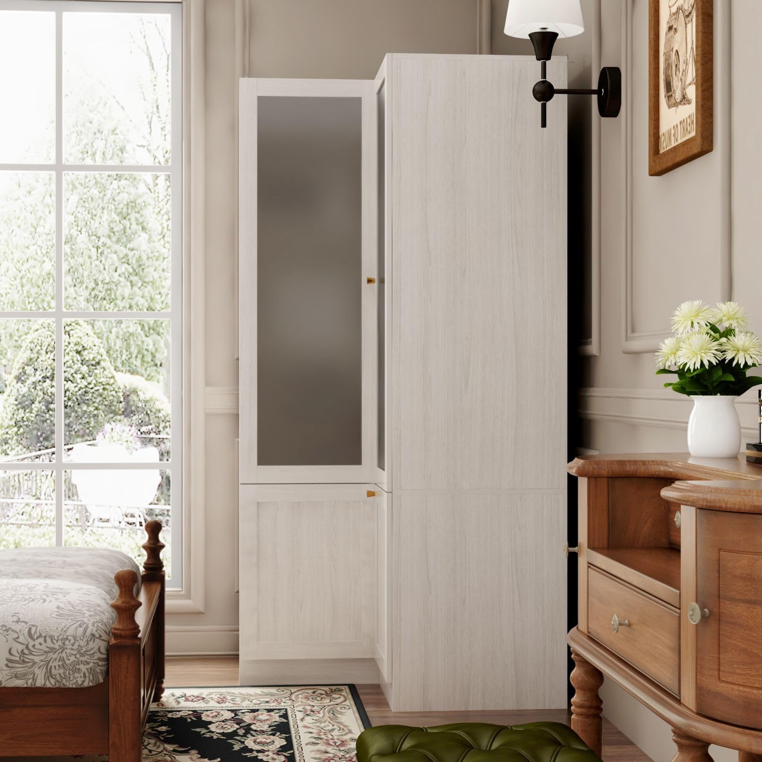 L-Shape Wardrobe Armoire Closet with Hanging Rod & Shelf, Bedroom Armoire with Frosted Glass Doors, Clothes Wardrobe with Gold Knobs, Wood Grain, 35.4”D x 35.4”W x 70.9”H - Grand Goldman