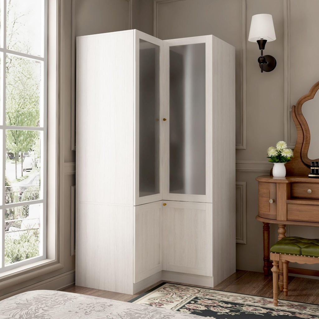 L-Shape Wardrobe Armoire Closet with Hanging Rod & Shelf, Bedroom Armoire with Frosted Glass Doors, Clothes Wardrobe with Gold Knobs, Wood Grain, 35.4”D x 35.4”W x 70.9”H - Grand Goldman