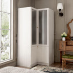 L-Shape Wardrobe Armoire Closet with Hanging Rod & Shelf, Bedroom Armoire with Frosted Glass Doors, Clothes Wardrobe with Gold Knobs, Wood Grain, 35.4”D x 35.4”W x 70.9”H - Grand Goldman