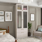 L-Shape Wardrobe Armoire Closet with Hanging Rod & Shelf, Bedroom Armoire with Frosted Glass Doors, Clothes Wardrobe with Gold Knobs, Wood Grain, 35.4”D x 35.4”W x 70.9”H - Grand Goldman