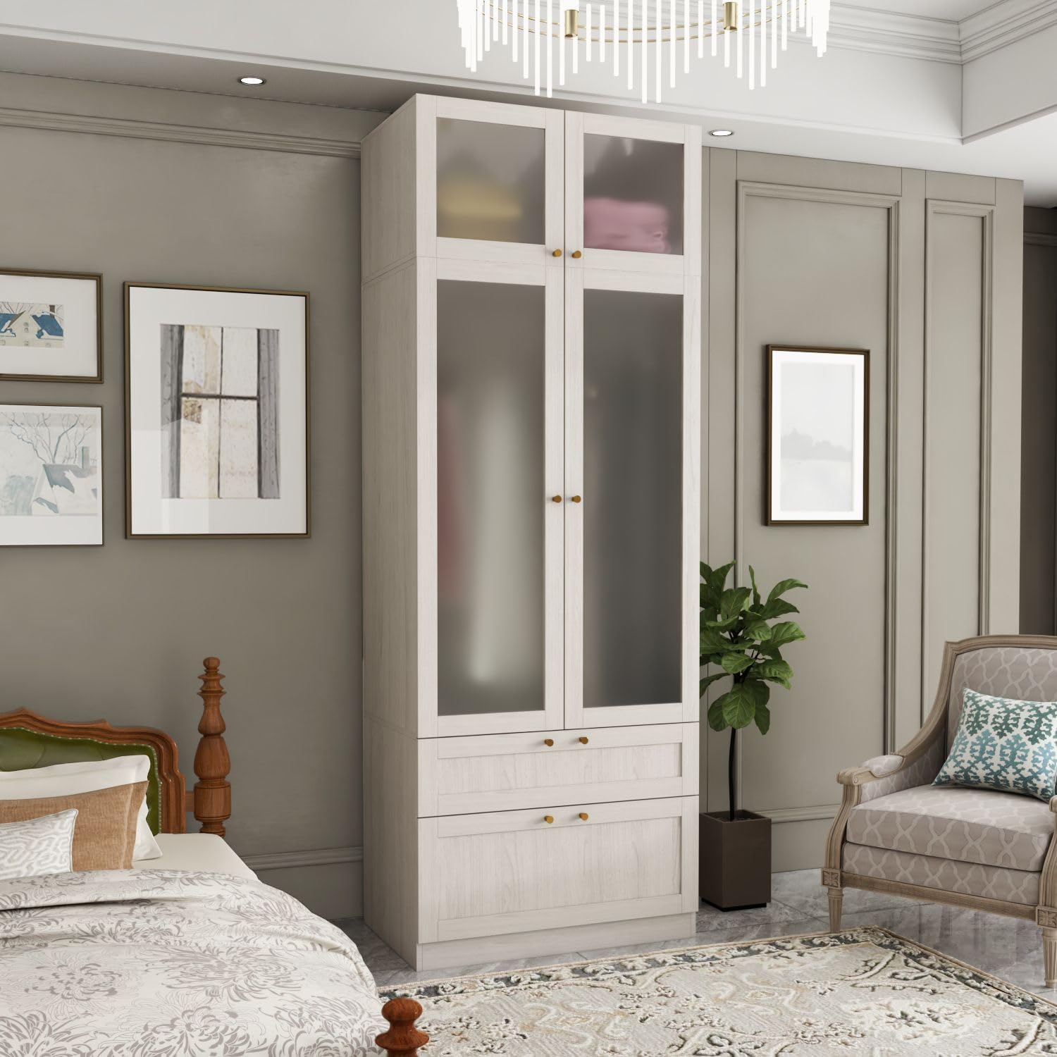 L-Shape Wardrobe Armoire Closet with Hanging Rod & Shelf, Bedroom Armoire with Frosted Glass Doors, Clothes Wardrobe with Gold Knobs, Wood Grain, 35.4”D x 35.4”W x 70.9”H - Grand Goldman