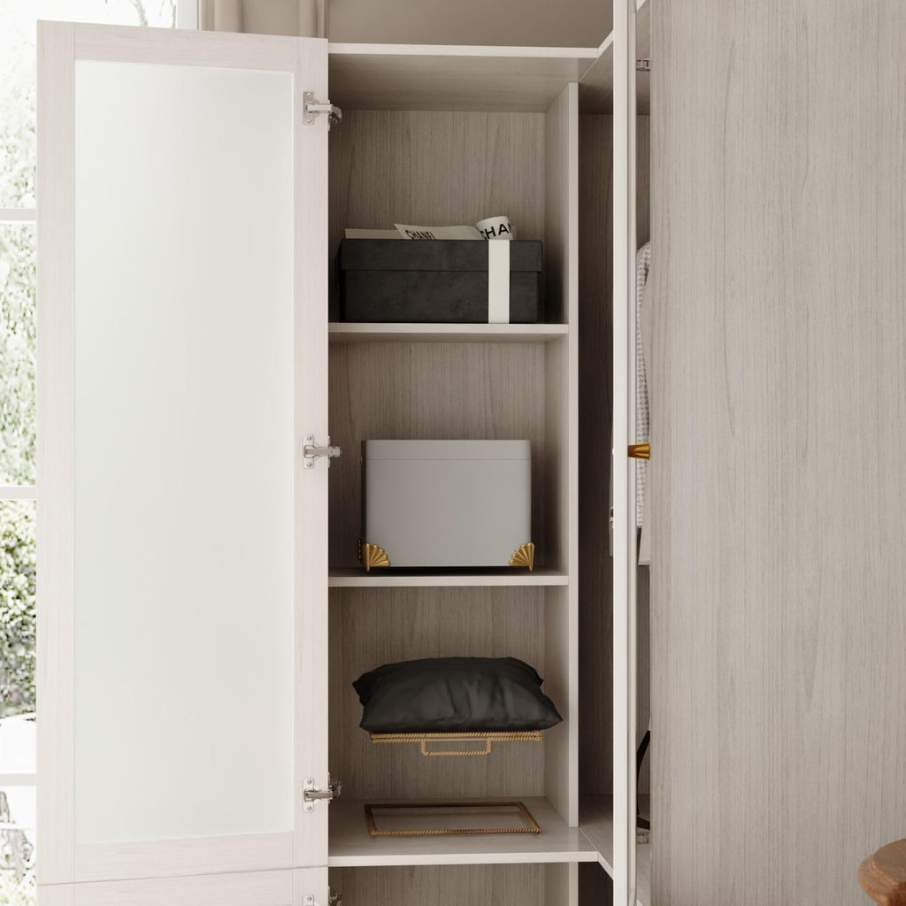 L-Shape Wardrobe Armoire Closet with Hanging Rod & Shelf, Bedroom Armoire with Frosted Glass Doors, Clothes Wardrobe with Gold Knobs, Wood Grain, 35.4”D x 35.4”W x 70.9”H - Grand Goldman