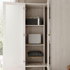 L-Shape Wardrobe Armoire Closet with Hanging Rod & Shelf, Bedroom Armoire with Frosted Glass Doors, Clothes Wardrobe with Gold Knobs, Wood Grain, 35.4”D x 35.4”W x 70.9”H - Grand Goldman