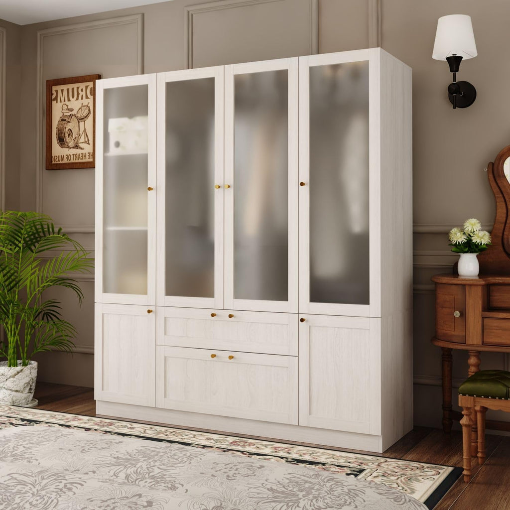 L-Shape Wardrobe Armoire Closet with Hanging Rod & Shelf, Bedroom Armoire with Frosted Glass Doors, Clothes Wardrobe with Gold Knobs, Wood Grain, 35.4”D x 35.4”W x 70.9”H - Grand Goldman