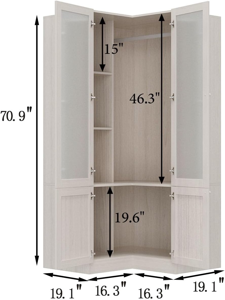 L-Shape Wardrobe Armoire Closet with Hanging Rod & Shelf, Bedroom Armoire with Frosted Glass Doors, Clothes Wardrobe with Gold Knobs, Wood Grain, 35.4”D x 35.4”W x 70.9”H - Grand Goldman