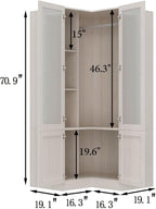 L-Shape Wardrobe Armoire Closet with Hanging Rod & Shelf, Bedroom Armoire with Frosted Glass Doors, Clothes Wardrobe with Gold Knobs, Wood Grain, 35.4”D x 35.4”W x 70.9”H - Grand Goldman