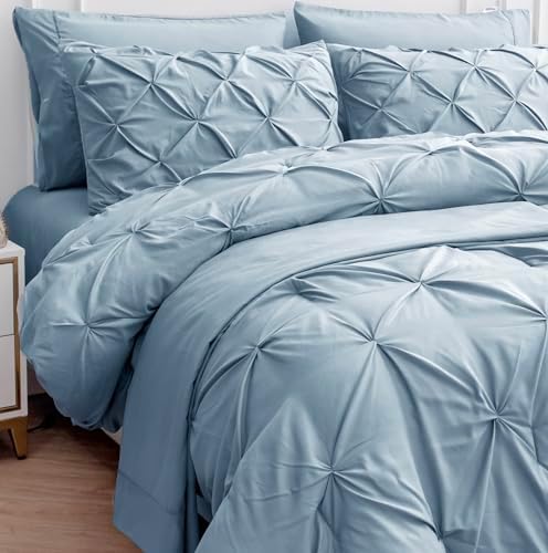 LANE LINEN Comforters Queen Size, 7 Piece Queen Comforter Set, Soft Queen Size Comforter Sets, Pintuck Queen Bed Set, Fluffy Comforters Queen Size Set with Sheets, Pillowcases & Shams - French Blue - Grand Goldman