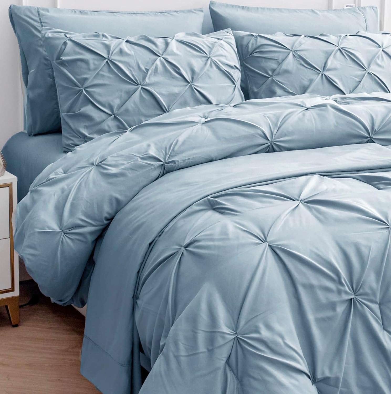 LANE LINEN Comforters Queen Size, 7 Piece Queen Comforter Set, Soft Queen Size Comforter Sets, Pintuck Queen Bed Set, Fluffy Comforters Queen Size Set with Sheets, Pillowcases & Shams - French Blue - Grand Goldman
