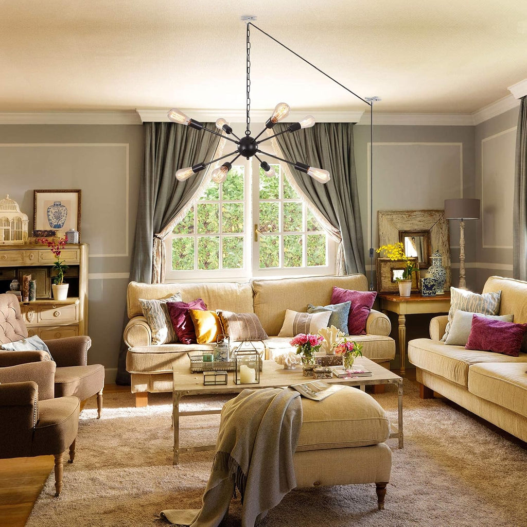 LASENCHOO 8 Lights Plug in Chandelier,Hanging Lights with Plug in Cord 16.4ft & On/Off Switch,Black Plug in Pendant Light,Modern Sputnik Chandeliers for Dining Room Living Room Bedroom Kitchen Island - Grand Goldman