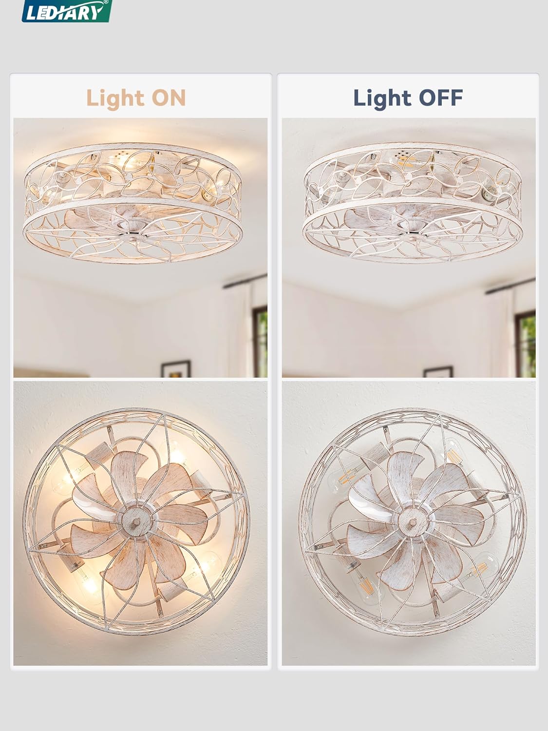 LEDIARY Caged Ceiling Fans with Lights, White Flush Mount Ceiling Fan with Remote, Small Low Profile Bladeless Ceiling Fan Light Fixture for Bedroom, Kitchen, Dining Room-White Gold Color - Grand Goldman
