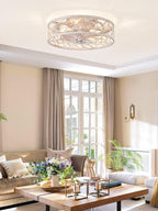 LEDIARY Caged Ceiling Fans with Lights, White Flush Mount Ceiling Fan with Remote, Small Low Profile Bladeless Ceiling Fan Light Fixture for Bedroom, Kitchen, Dining Room-White Gold Color - Grand Goldman