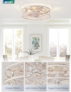 LEDIARY Caged Ceiling Fans with Lights, White Flush Mount Ceiling Fan with Remote, Small Low Profile Bladeless Ceiling Fan Light Fixture for Bedroom, Kitchen, Dining Room-White Gold Color - Grand Goldman