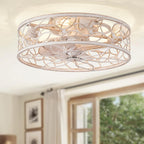 LEDIARY Caged Ceiling Fans with Lights, White Flush Mount Ceiling Fan with Remote, Small Low Profile Bladeless Ceiling Fan Light Fixture for Bedroom, Kitchen, Dining Room-White Gold Color - Grand Goldman