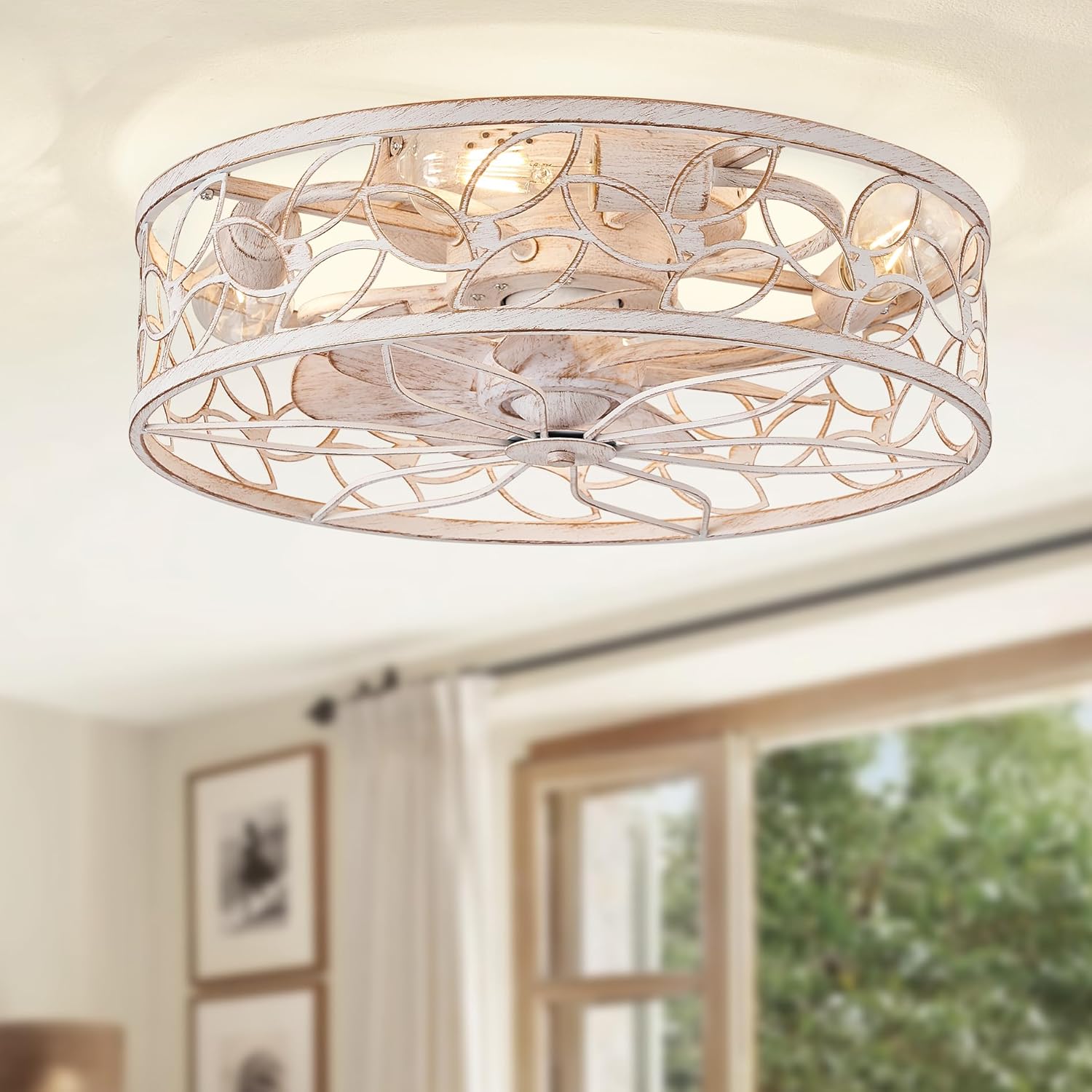 LEDIARY Caged Ceiling Fans with Lights, White Flush Mount Ceiling Fan with Remote, Small Low Profile Bladeless Ceiling Fan Light Fixture for Bedroom, Kitchen, Dining Room-White Gold Color - Grand Goldman