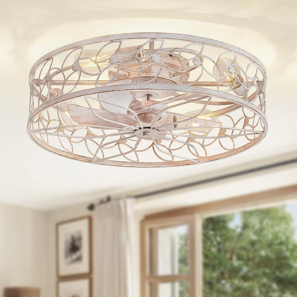 LEDIARY Caged Ceiling Fans with Lights, White Flush Mount Ceiling Fan with Remote, Small Low Profile Bladeless Ceiling Fan Light Fixture for Bedroom, Kitchen, Dining Room-White Gold Color - Grand Goldman