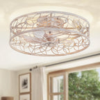 LEDIARY Caged Ceiling Fans with Lights, White Flush Mount Ceiling Fan with Remote, Small Low Profile Bladeless Ceiling Fan Light Fixture for Bedroom, Kitchen, Dining Room-White Gold Color - Grand Goldman