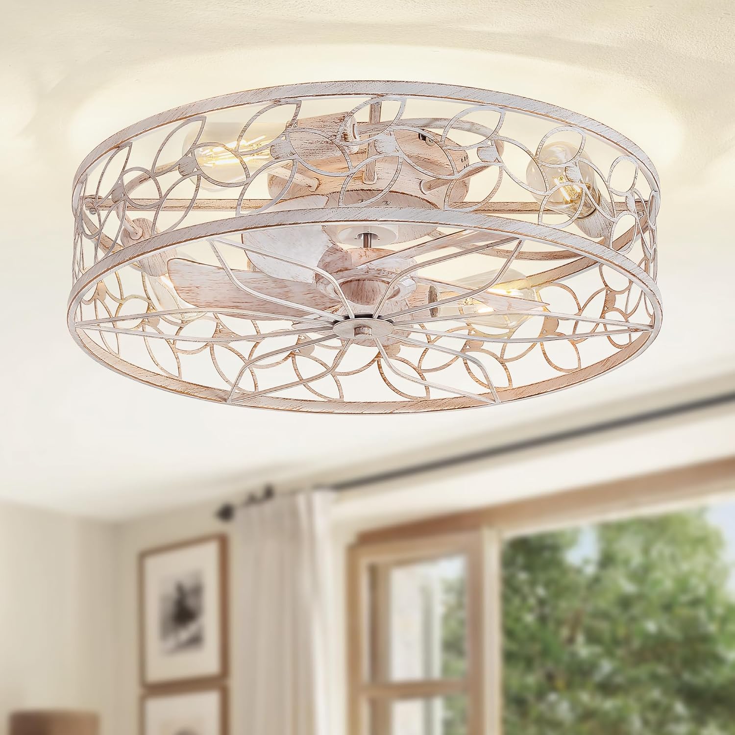 LEDIARY Caged Ceiling Fans with Lights, White Flush Mount Ceiling Fan with Remote, Small Low Profile Bladeless Ceiling Fan Light Fixture for Bedroom, Kitchen, Dining Room-White Gold Color - Grand Goldman