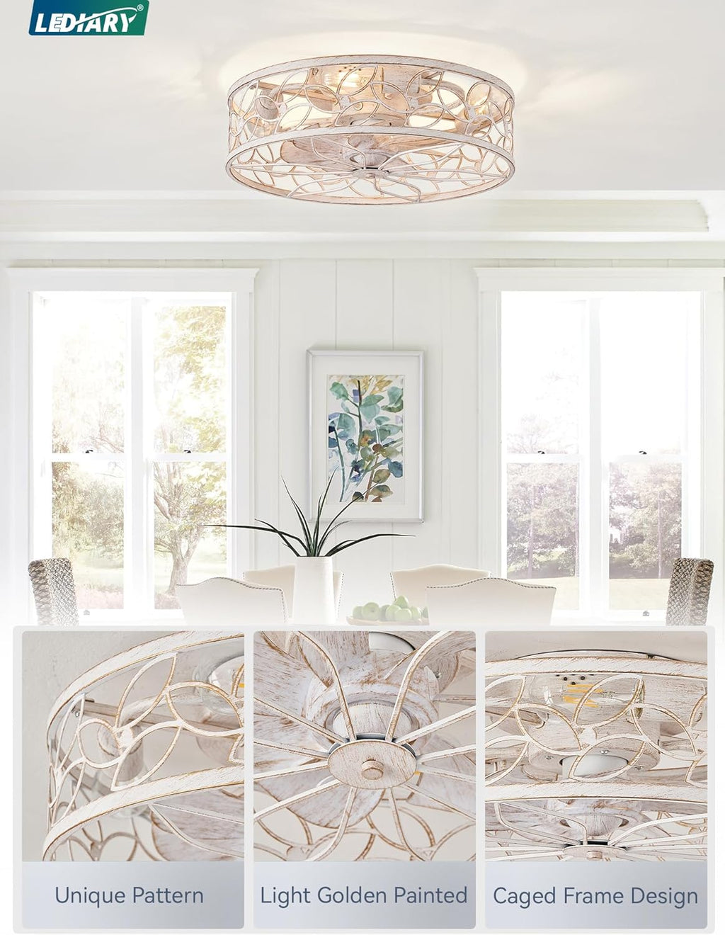 LEDIARY Caged Ceiling Fans with Lights, White Flush Mount Ceiling Fan with Remote, Small Low Profile Bladeless Ceiling Fan Light Fixture for Bedroom, Kitchen, Dining Room-White Gold Color - Grand Goldman