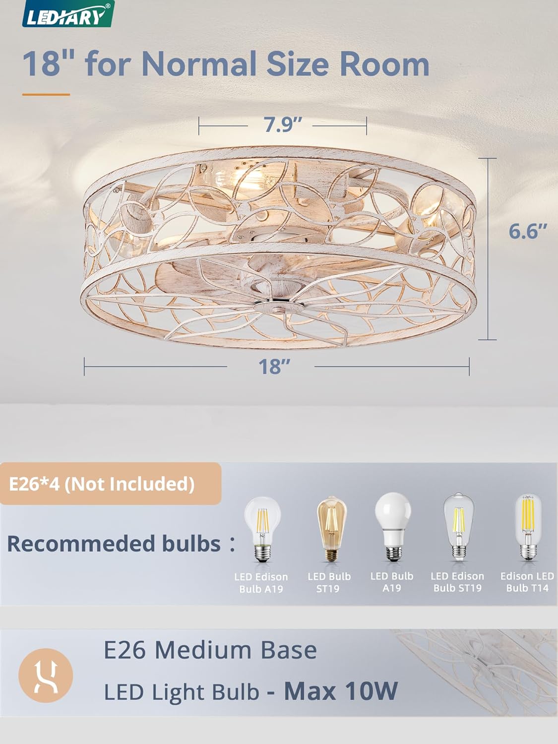 LEDIARY Caged Ceiling Fans with Lights, White Flush Mount Ceiling Fan with Remote, Small Low Profile Bladeless Ceiling Fan Light Fixture for Bedroom, Kitchen, Dining Room-White Gold Color - Grand Goldman
