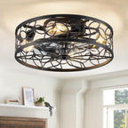 LEDIARY Caged Ceiling Fans with Lights, White Flush Mount Ceiling Fan with Remote, Small Low Profile Bladeless Ceiling Fan Light Fixture for Bedroom, Kitchen, Dining Room-White Gold Color - Grand Goldman