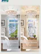 LEDIARY Caged Ceiling Fans with Lights, White Flush Mount Ceiling Fan with Remote, Small Low Profile Bladeless Ceiling Fan Light Fixture for Bedroom, Kitchen, Dining Room-White Gold Color - Grand Goldman