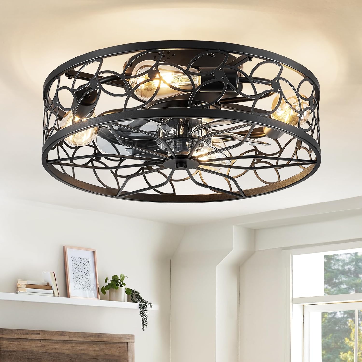 LEDIARY Caged Ceiling Fans with Lights, White Flush Mount Ceiling Fan with Remote, Small Low Profile Bladeless Ceiling Fan Light Fixture for Bedroom, Kitchen, Dining Room-White Gold Color - Grand Goldman