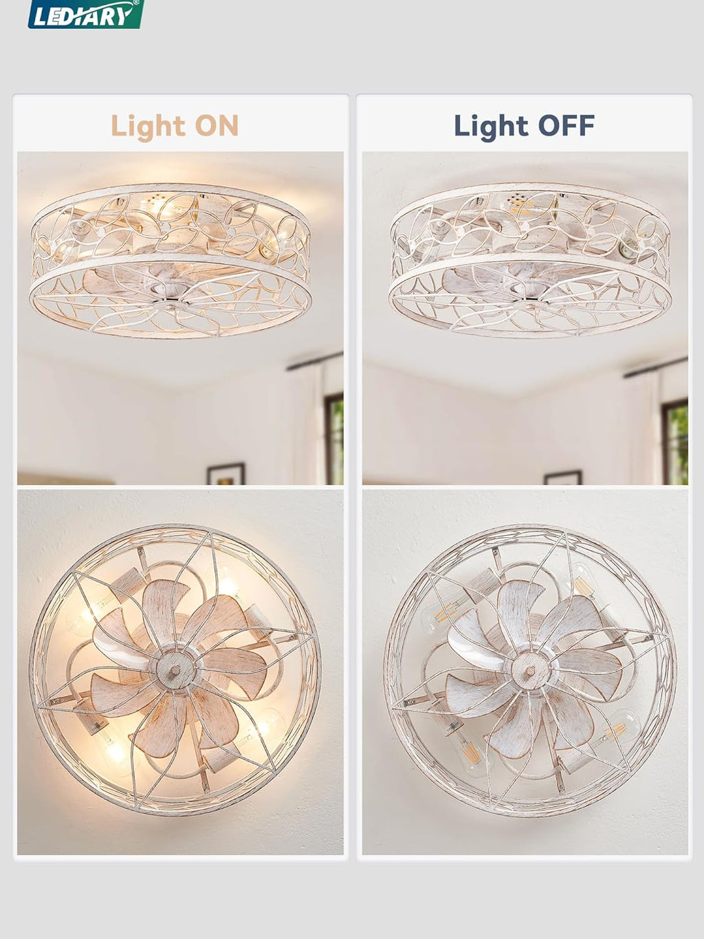 LEDIARY Caged Ceiling Fans with Lights, White Flush Mount Ceiling Fan with Remote, Small Low Profile Bladeless Ceiling Fan Light Fixture for Bedroom, Kitchen, Dining Room-White Gold Color - Grand Goldman