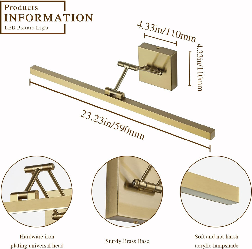 LED Brass Hard-Wired Connection Gallery Picture Light for Paintings Gold Lighting Fixtures Dimmable Modern LED Picture Lights Artwork Display Lighting 23.6 Inch 14W 3000K Warm White - Grand Goldman