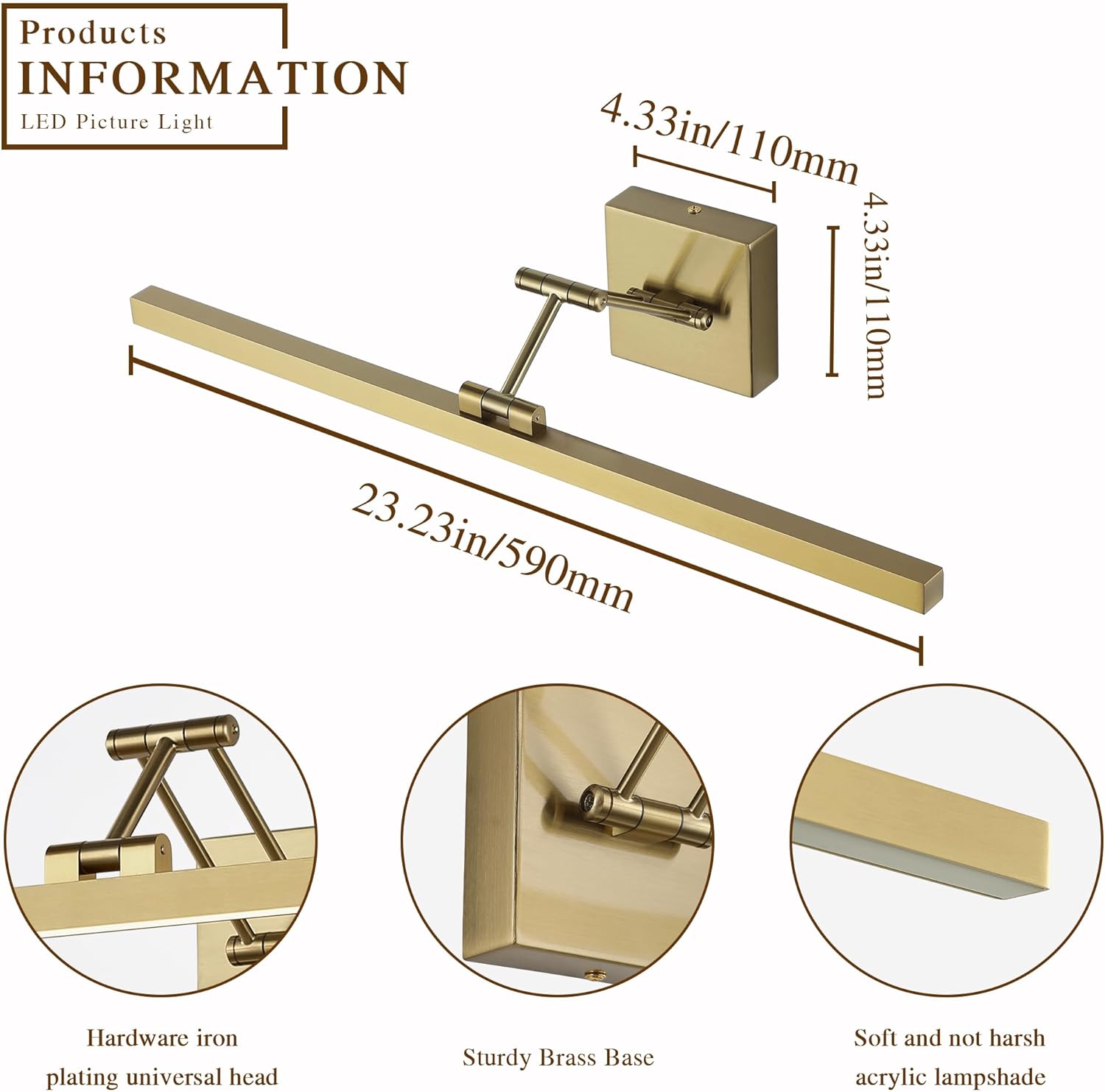 LED Brass Hard-Wired Connection Gallery Picture Light for Paintings Gold Lighting Fixtures Dimmable Modern LED Picture Lights Artwork Display Lighting 23.6 Inch 14W 3000K Warm White - Grand Goldman