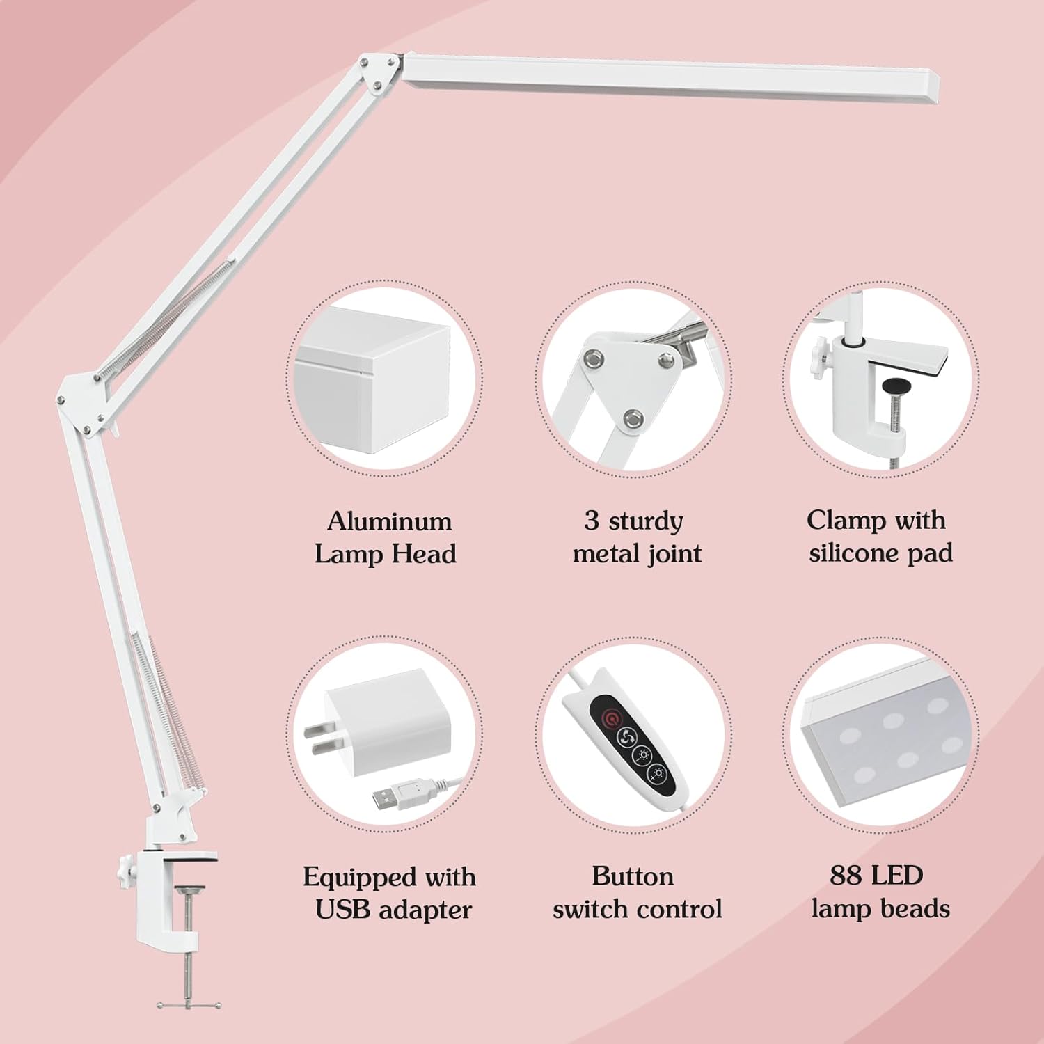 LED Desk Lamp, Manicure Table Lamp, 16" Lamp Head, Dimmable Eye-Caring Drafting Light with 3 Color Modes, 10 Brightness Levels & Adapter, Memory Function(White) - Grand Goldman