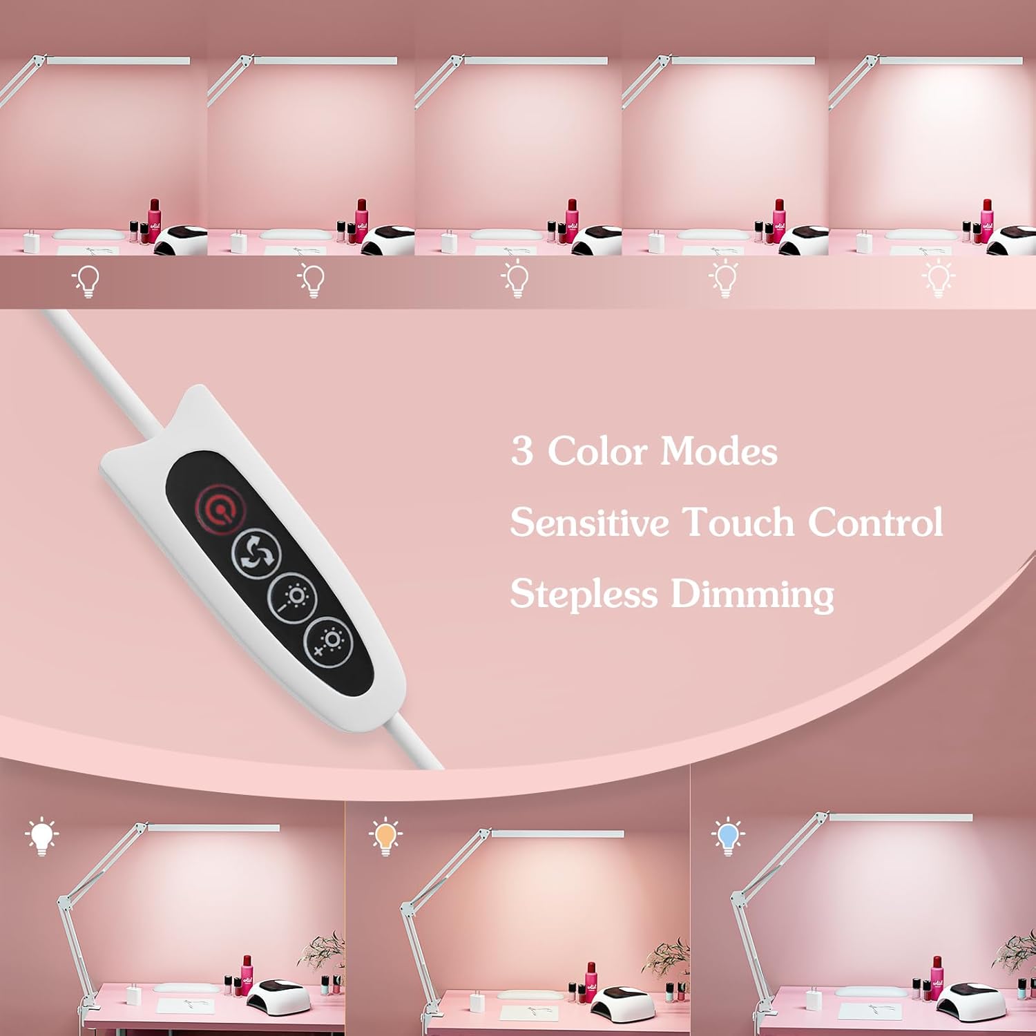 LED Desk Lamp, Manicure Table Lamp, 16" Lamp Head, Dimmable Eye-Caring Drafting Light with 3 Color Modes, 10 Brightness Levels & Adapter, Memory Function(White) - Grand Goldman