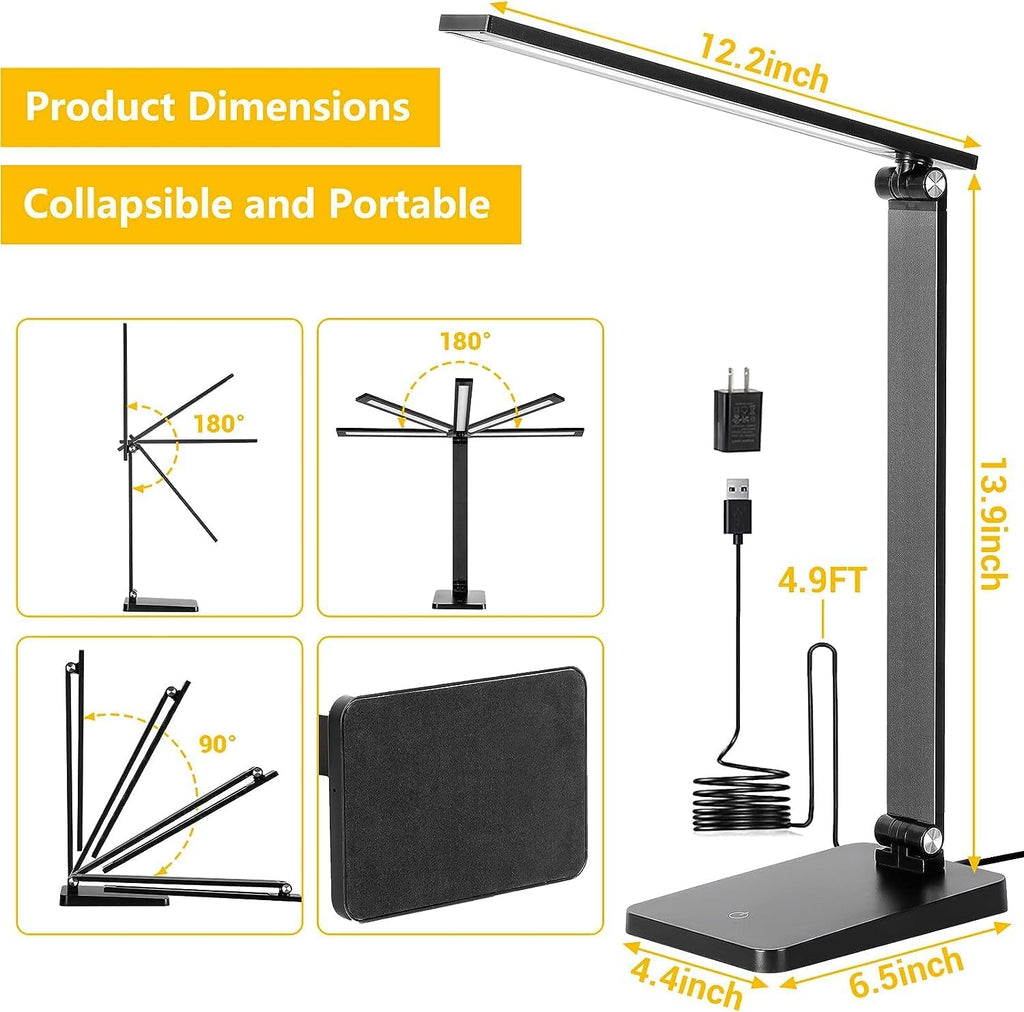 LED Desk Lamp for Home Office, 3 Levels Dimmable Desk Light with USB Charging Port, Small Study Lamp, Reading Light for Table, Black, 5000K - Grand Goldman