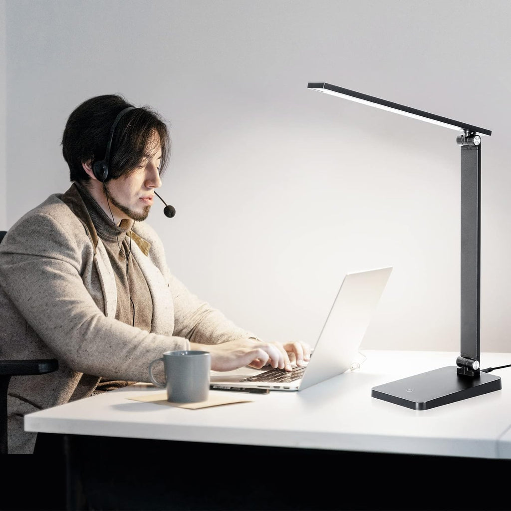 LED Desk Lamp for Home Office, 3 Levels Dimmable Desk Light with USB Charging Port, Small Study Lamp, Reading Light for Table, Black, 5000K - Grand Goldman