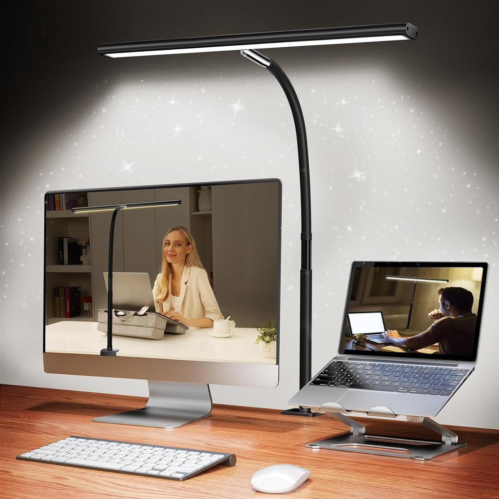 LED Desk Lamp for Office Home, Eye-Caring Desk Light with Stepless Dimming Adjustable Flexible Gooseneck, 10W USB Adapter Desk Lamp with Clamp for Reading, Study, Workbench (Black) - Grand Goldman