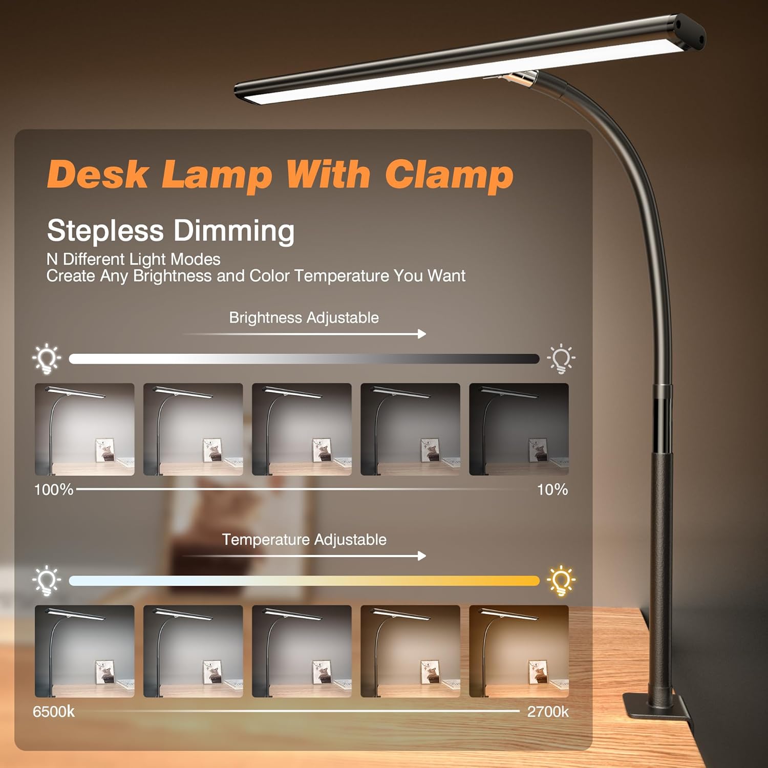 LED Desk Lamp for Office Home, Eye-Caring Desk Light with Stepless Dimming Adjustable Flexible Gooseneck, 10W USB Adapter Desk Lamp with Clamp for Reading, Study, Workbench (Black) - Grand Goldman
