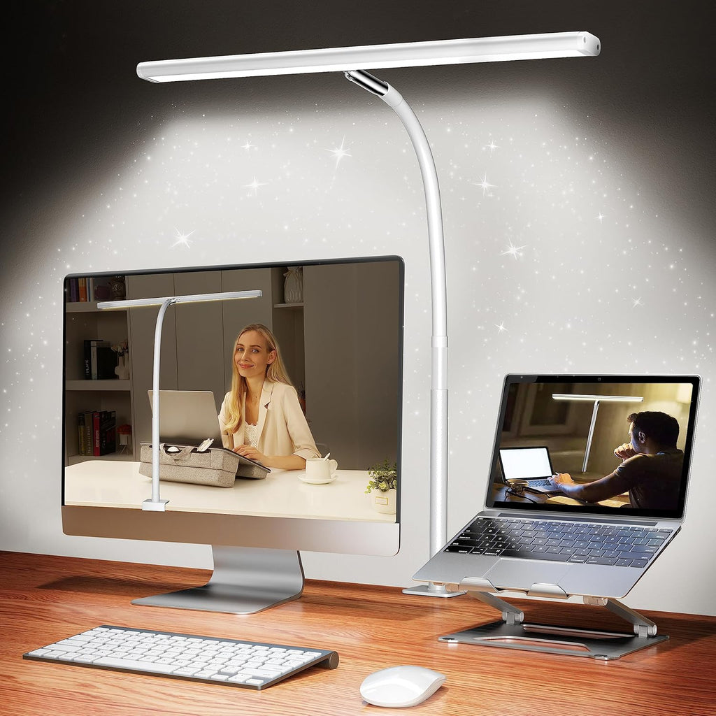 LED Desk Lamp for Office Home, Eye-Caring Desk Light with Stepless Dimming Adjustable Flexible Gooseneck, 10W USB Adapter Desk Lamp with Clamp for Reading, Study, Workbench (Black) - Grand Goldman