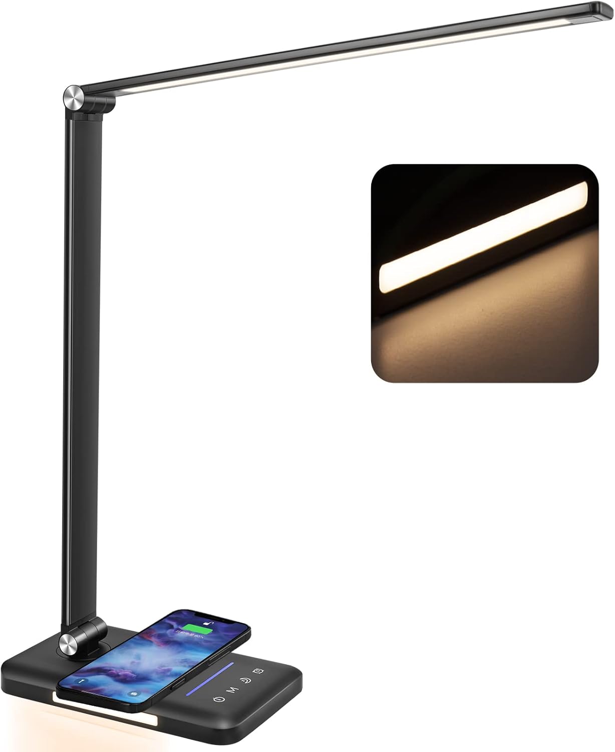 LED Desk Lamp with Wireless Charger, USB Charging Port, 10 Brightness, 5 Color Modes, Desk Lamps for Home Office, Dimmable Table Lamp Eye Caring Reading Light, Touch Control, Auto Timer, Black - Grand Goldman