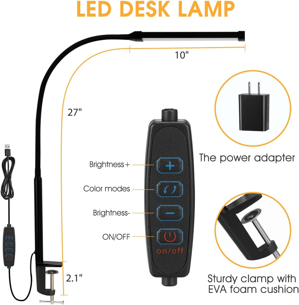 LED Desk lamp with Clamp, Eye-Caring Clip on Lights for Home Office, 3 Modes 10 Brightness, Long Flexible Gooseneck,Metal, Swing Arm Architect Task Table Lamps with USB Adapter, Black - Grand Goldman
