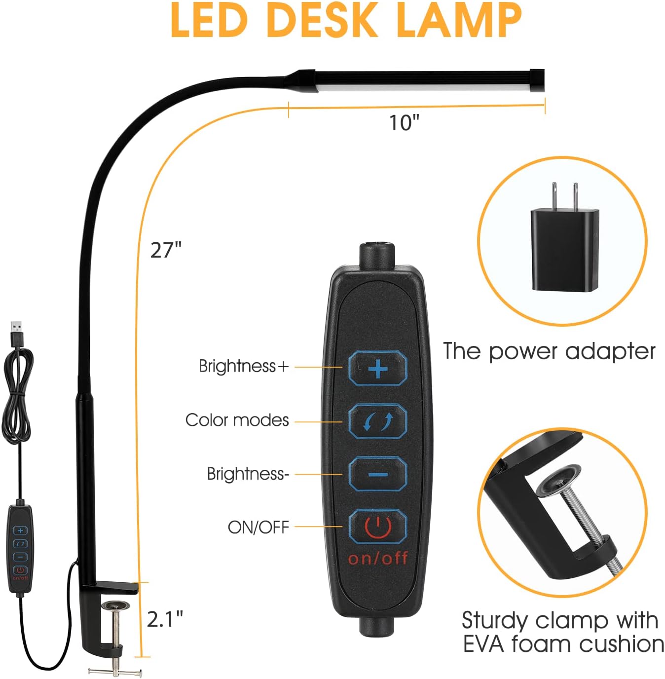 LED Desk lamp with Clamp, Eye-Caring Clip on Lights for Home Office, 3 Modes 10 Brightness, Long Flexible Gooseneck,Metal, Swing Arm Architect Task Table Lamps with USB Adapter, Black - Grand Goldman